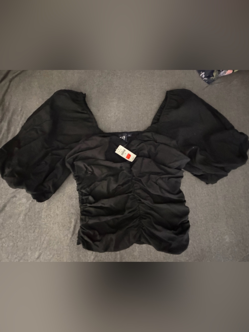 GAP Black Ruched Puff-Sleeve Women's Top